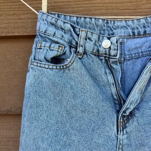 Distressed Blue Denim Jeans W/ Rhinestone Trim & Raw Hem For Women - Picture 6 of 14